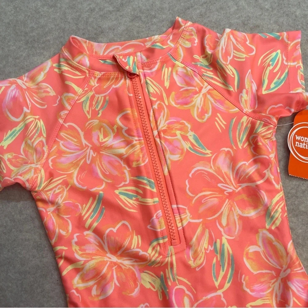 Wonder Nation Rashgaurd Orange Floral 1 Piece Swimsuit Girls size S(6-6X) New